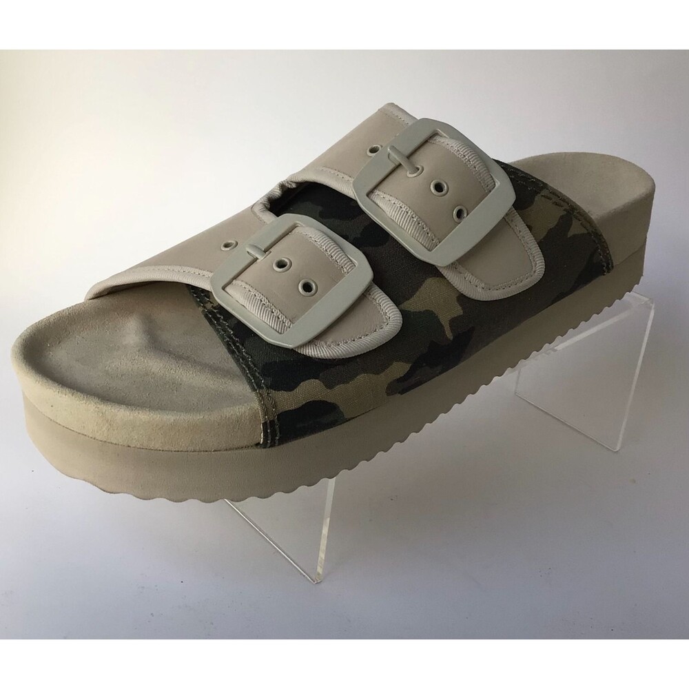 NEW ZARA SRPLS Double Buckle Camo & Tan Platform Flat Sandals (Size 38/US 7.5)
